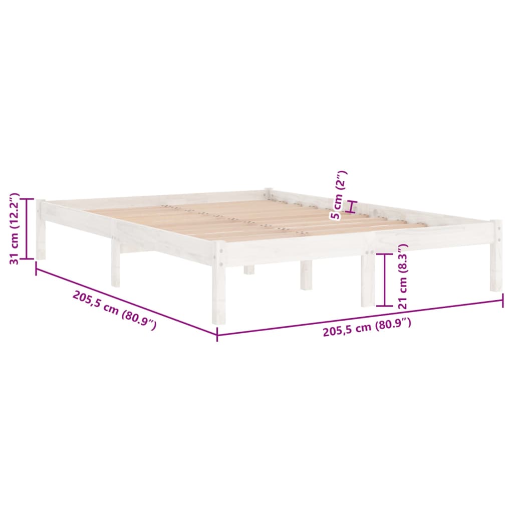 Bed Frame | White | Solid pine wood | 200x200 cm | Durable | Bed Frame