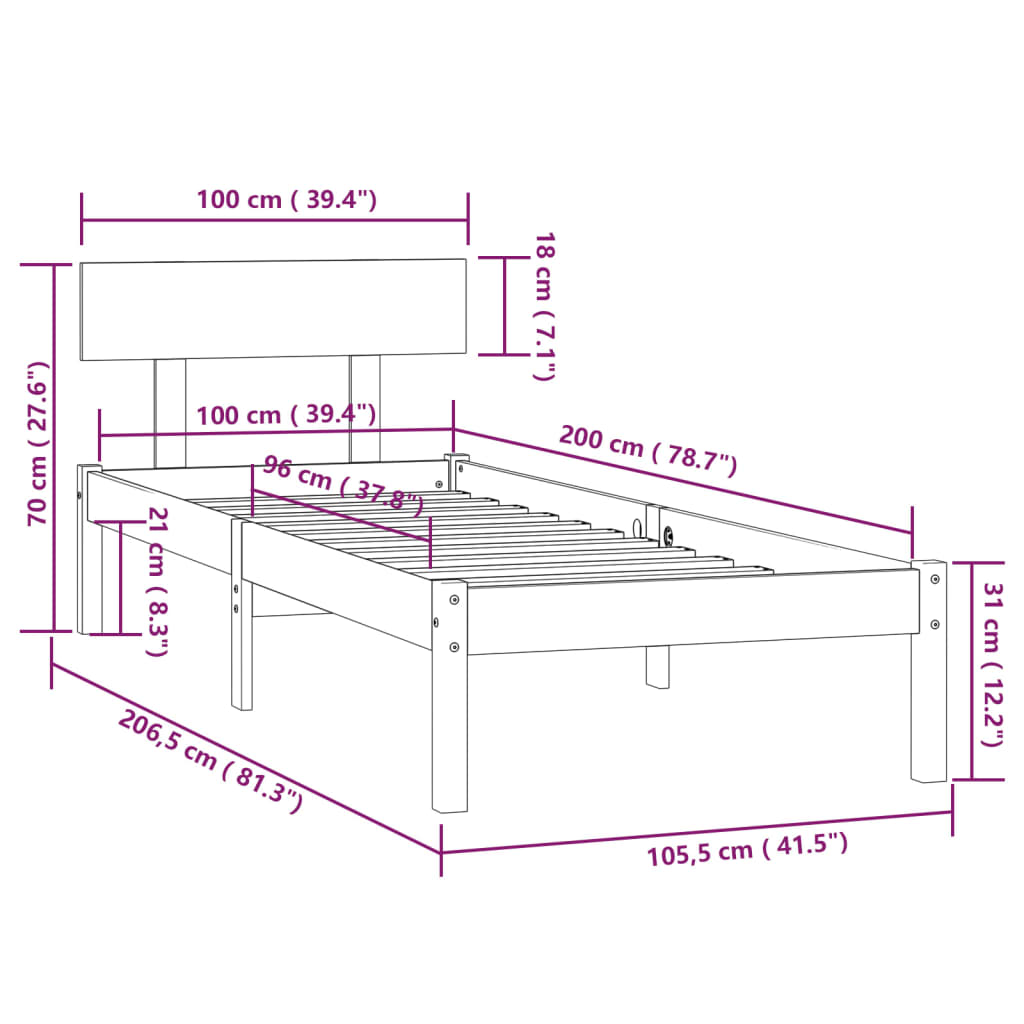 Bed Frame without Mattress White Solid Wood 100x200 cm