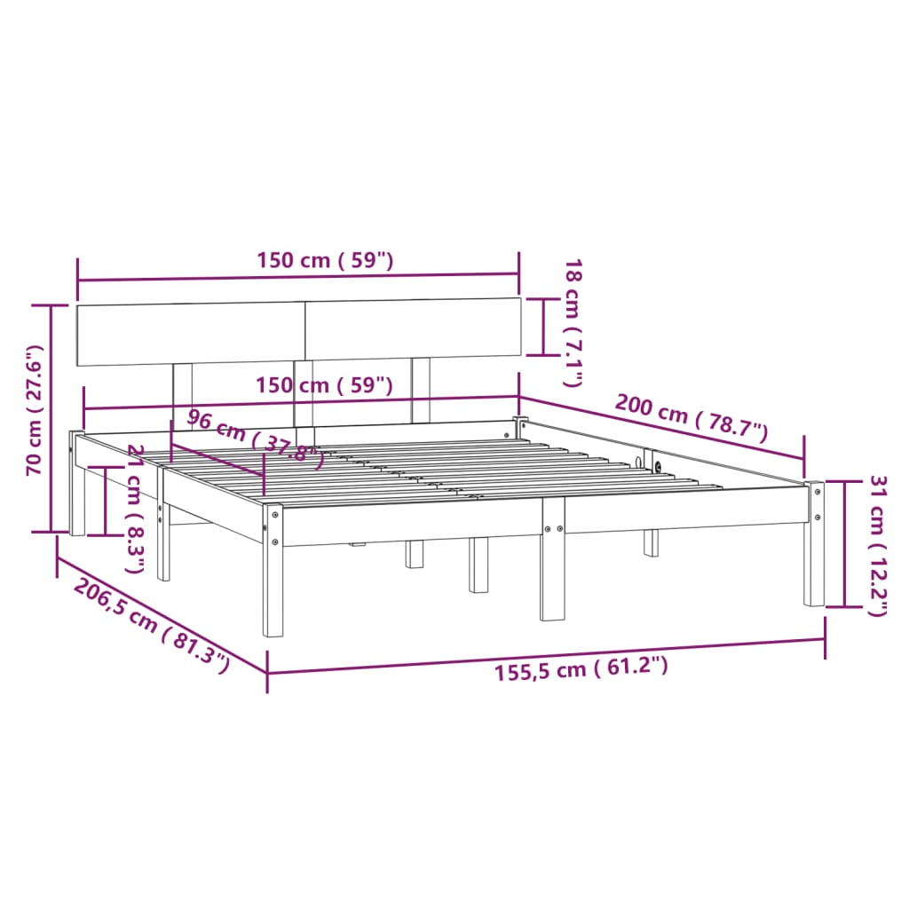 Bed Frame | Black | Solid pinewood | King | Durable | Bed Frame