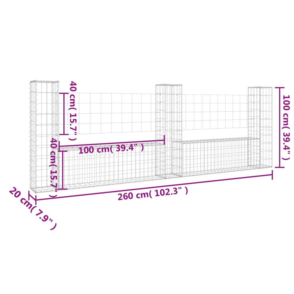 vidaXL U-shape Gabion Basket with 3 Posts Iron 260x20x100 cm