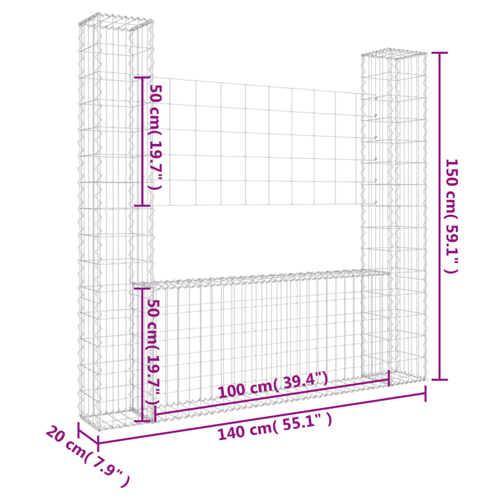 vidaXL U-shape Gabion Basket with 2 Posts Iron 140x20x150 cm