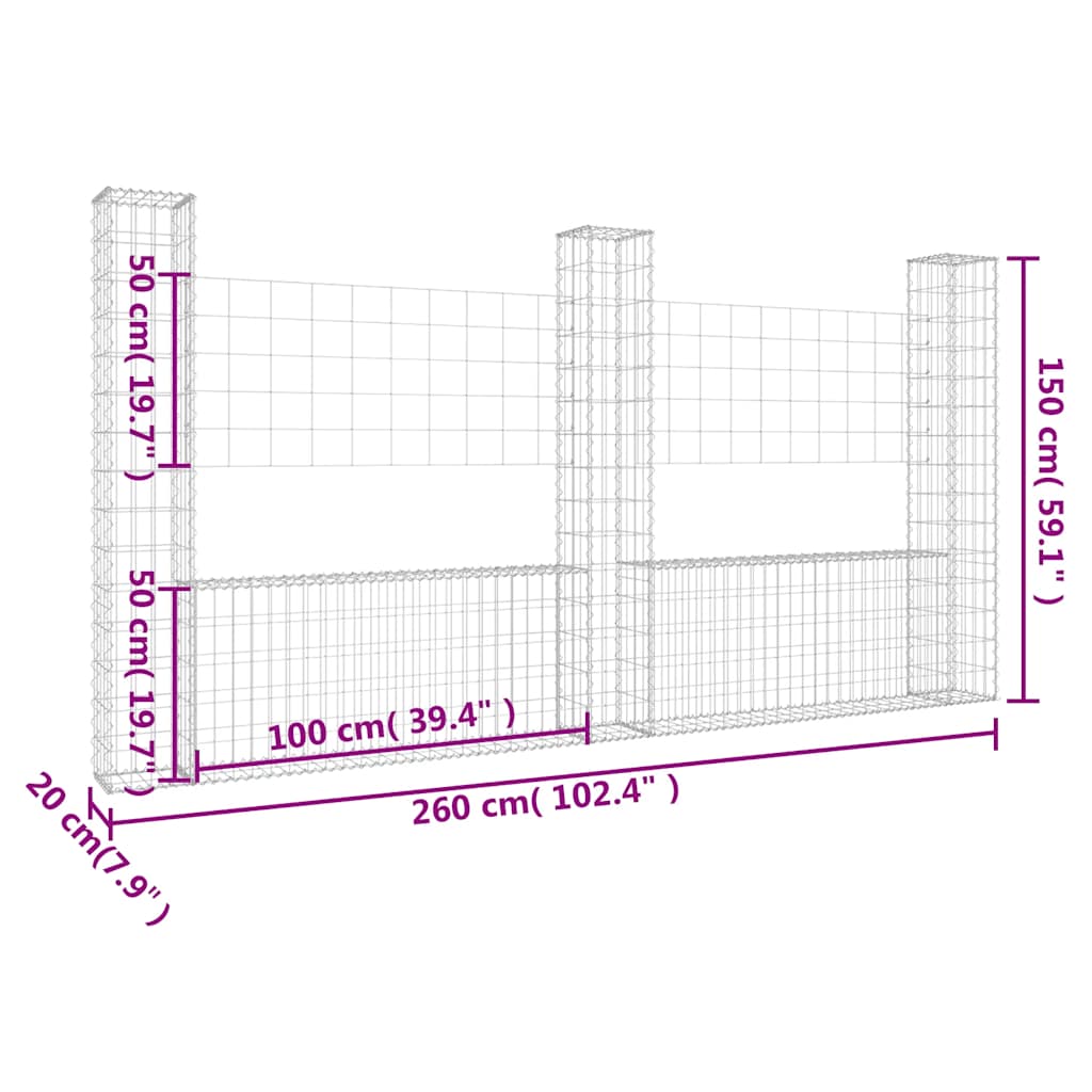 U-shape Gabion Basket with 3 Posts Iron 260x20x150 cm