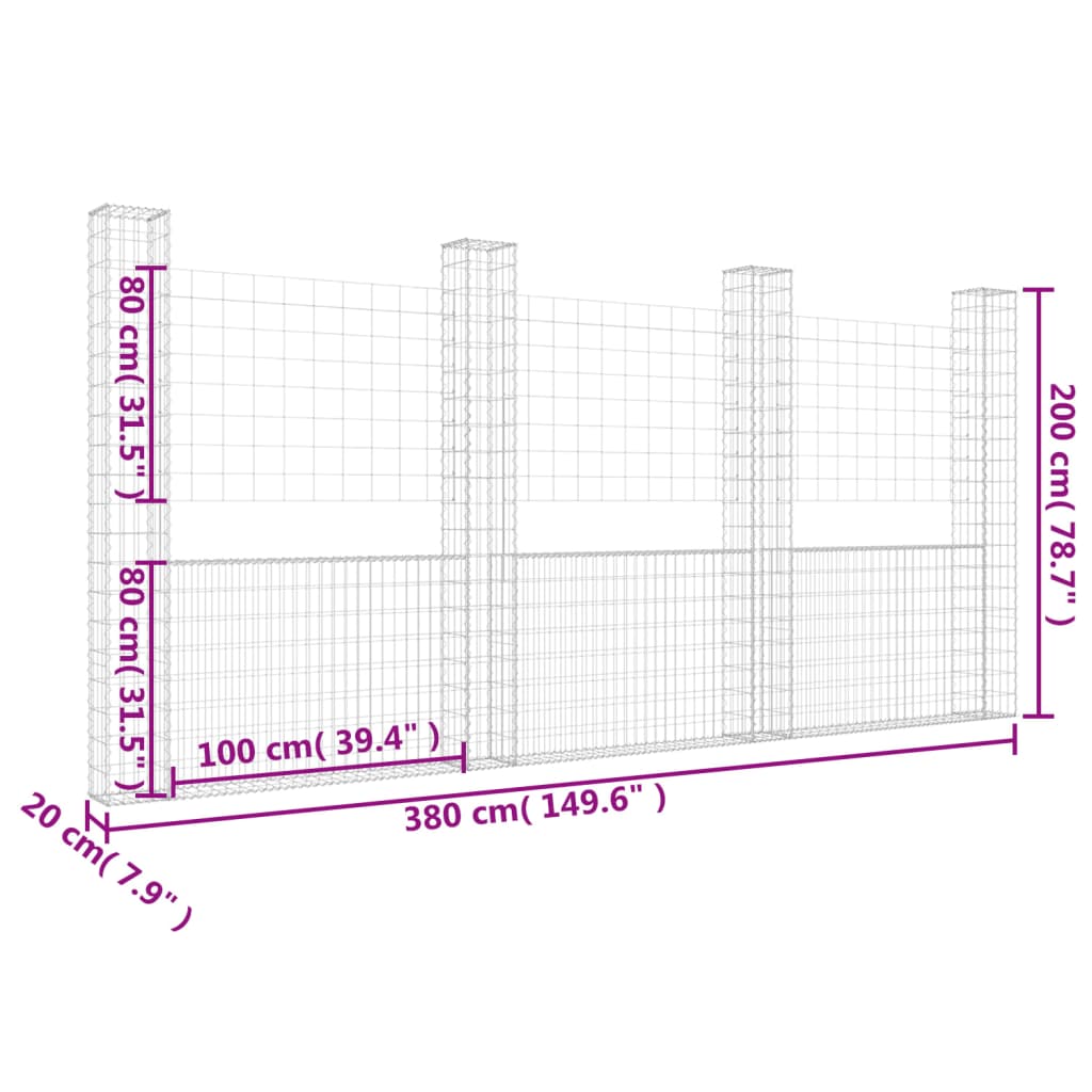 vidaXL U-shape Gabion Basket with 4 Posts Iron 380x20x200 cm