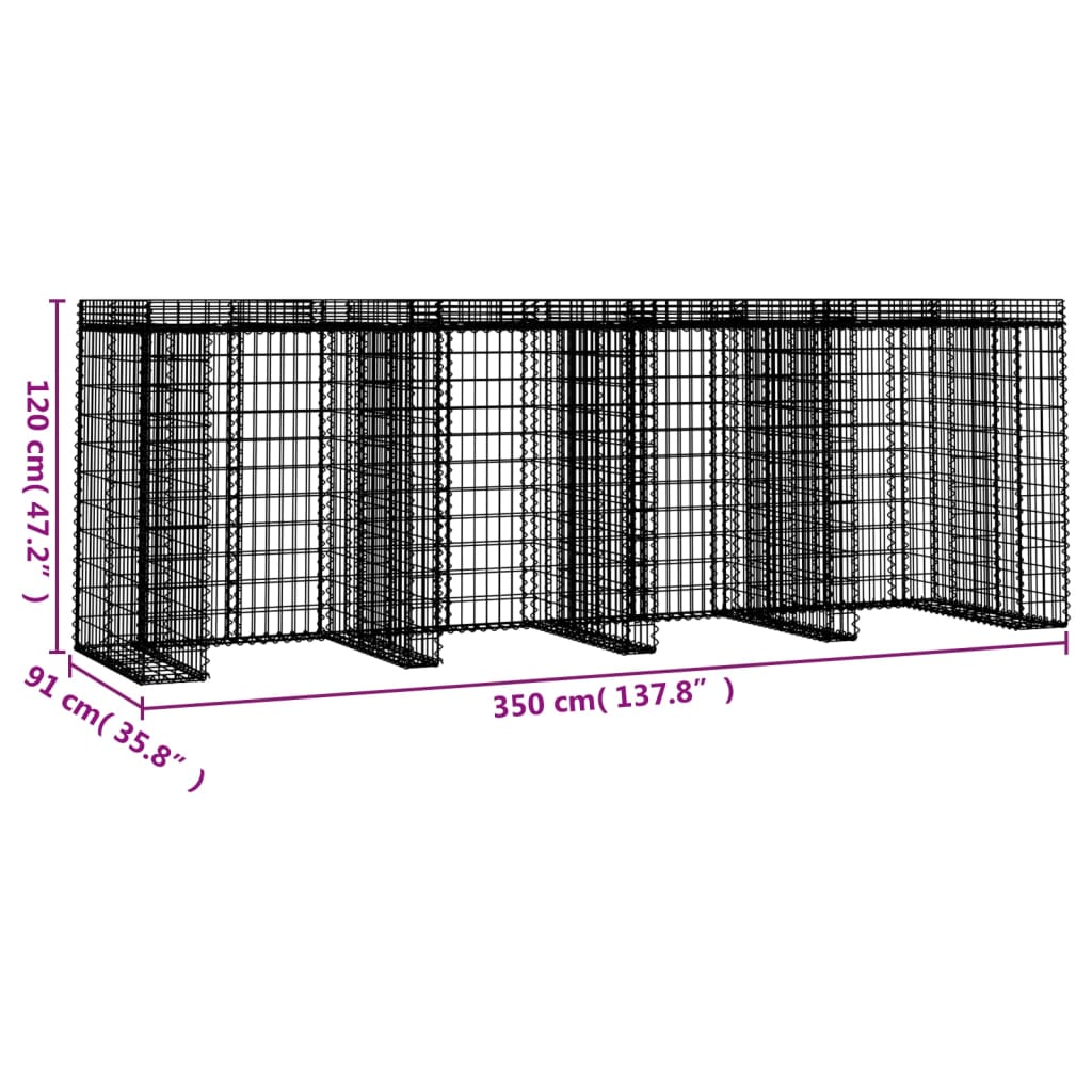 vidaXL Gabion Wall for Garbage Bin 350x91x120 cm Galvanised Iron