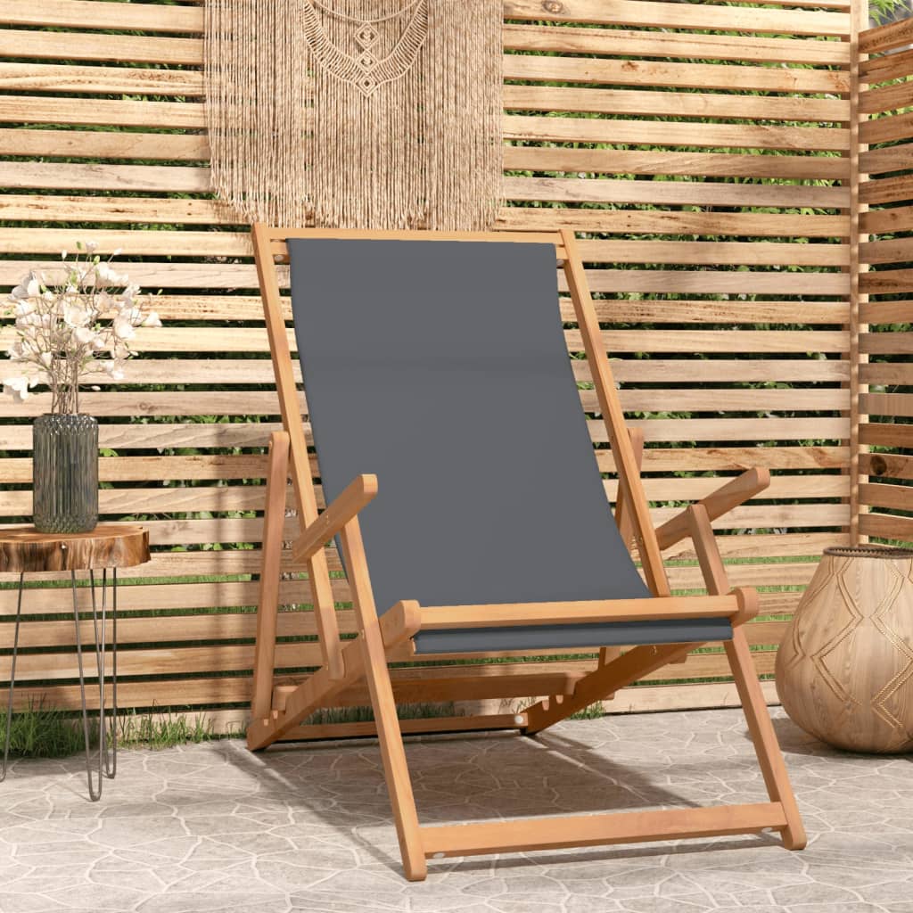 Beach Chair | Grey | Solid Teak Wood, Polyester | Standard | Foldable