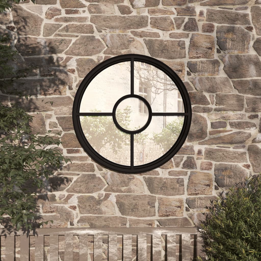 Round Garden Mirror | Black | Iron | Medium | Decorative Inlays | Mirror