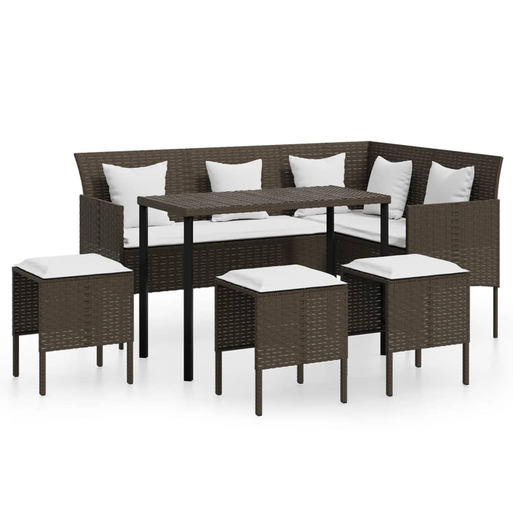 5 Piece L-shaped Couch Sofa Set with Cushions Poly Rattan Brown