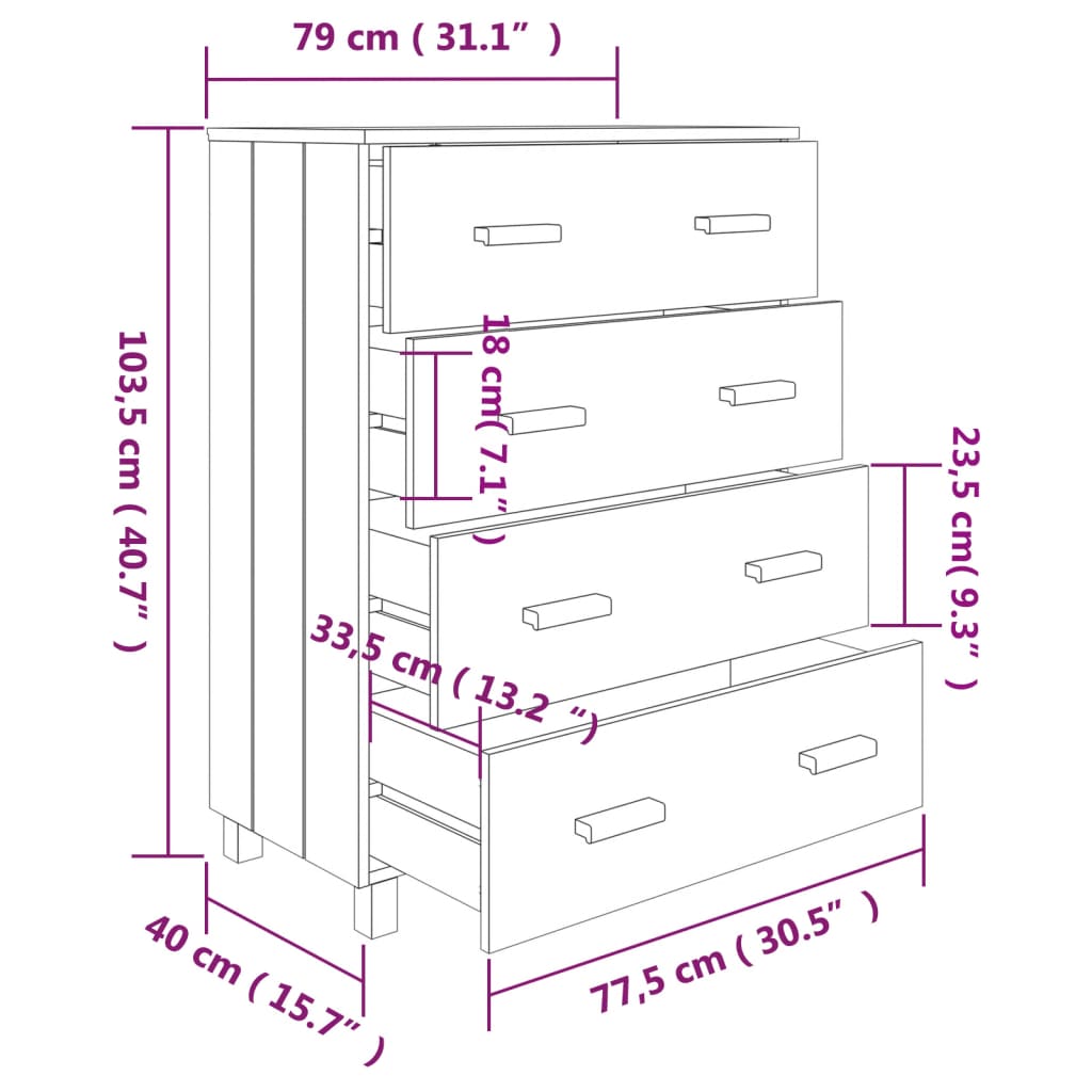 Dressoir HAMAR Honingbruin 79x40x103,5 cm massief grenenhout