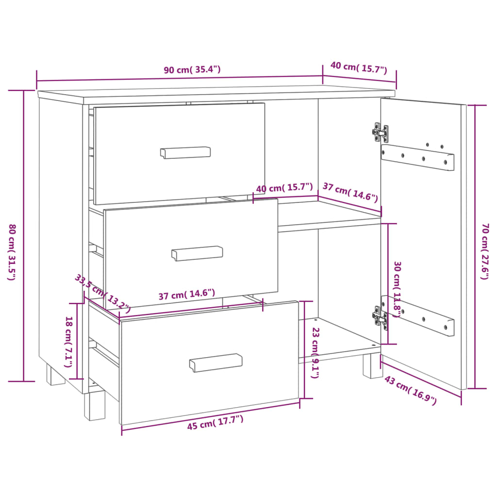 Buffet HAMAR Gris Foncé 90x40x80 cm Pin Massif