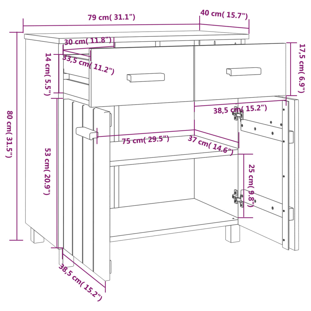 Dressoir HAMAR wit 79x40x80 cm massief grenenhout