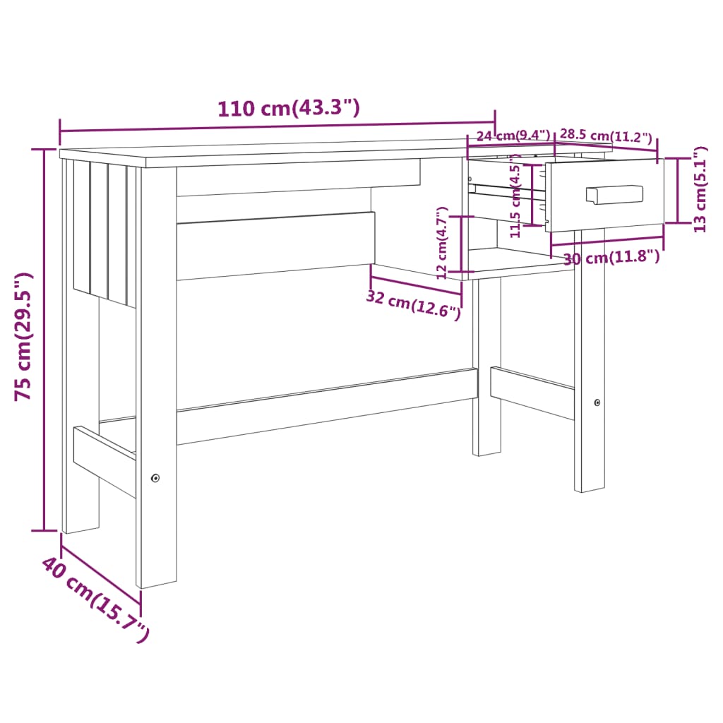 Bureau HAMAR Marron Miel 110x40x75 cm Bois Massif Pin