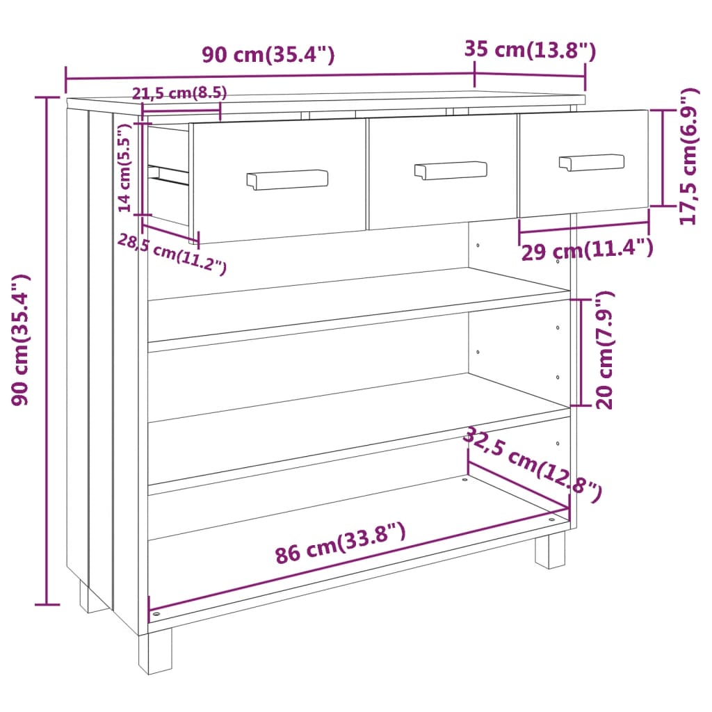 Table Console HAMAR Blanc 90x35x90 cm Bois Massif Pin