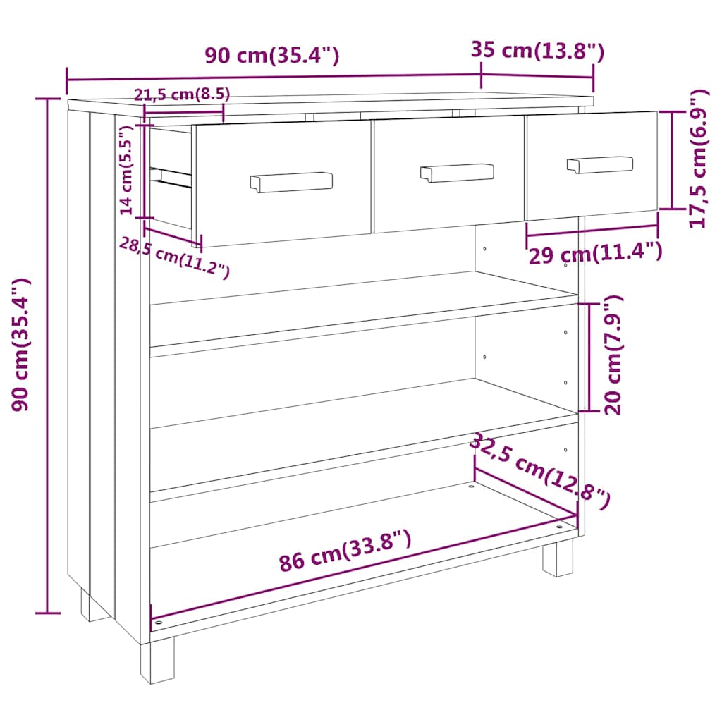 Console Table "HAMAR" White 90x35x90 cm Solid Wood Pine