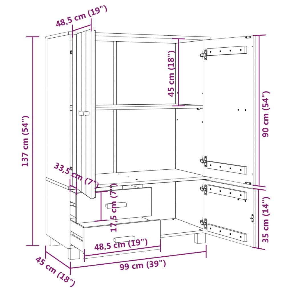 vidaXL Wardrobe HAMAR White 99x45x137 cm Solid Wood Pine