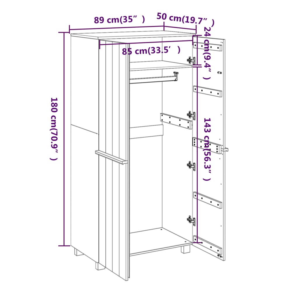 vidaXL Wardrobe HAMAR Dark Grey 89x50x180 cm Solid Wood Pine