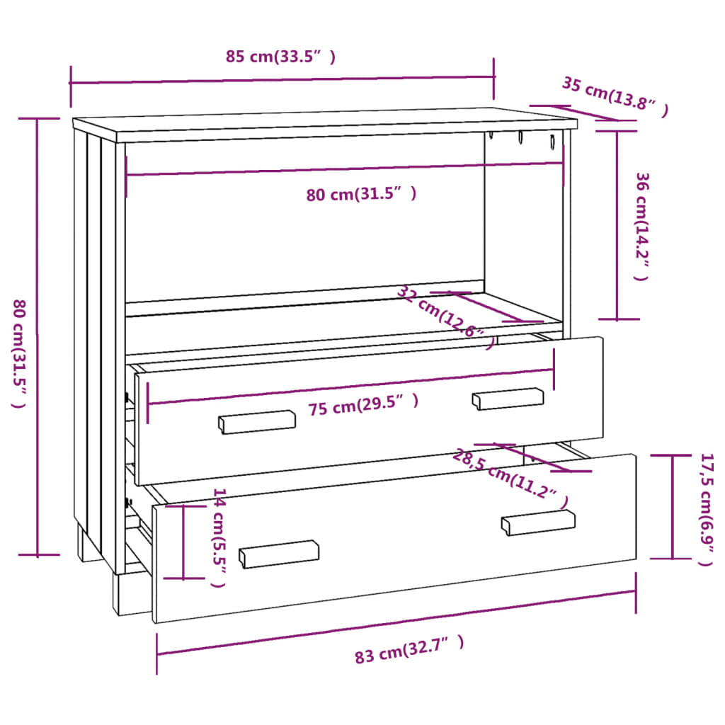 Buffet HAMAR Marron Miel 85x35x80 cm Bois Massif Pin