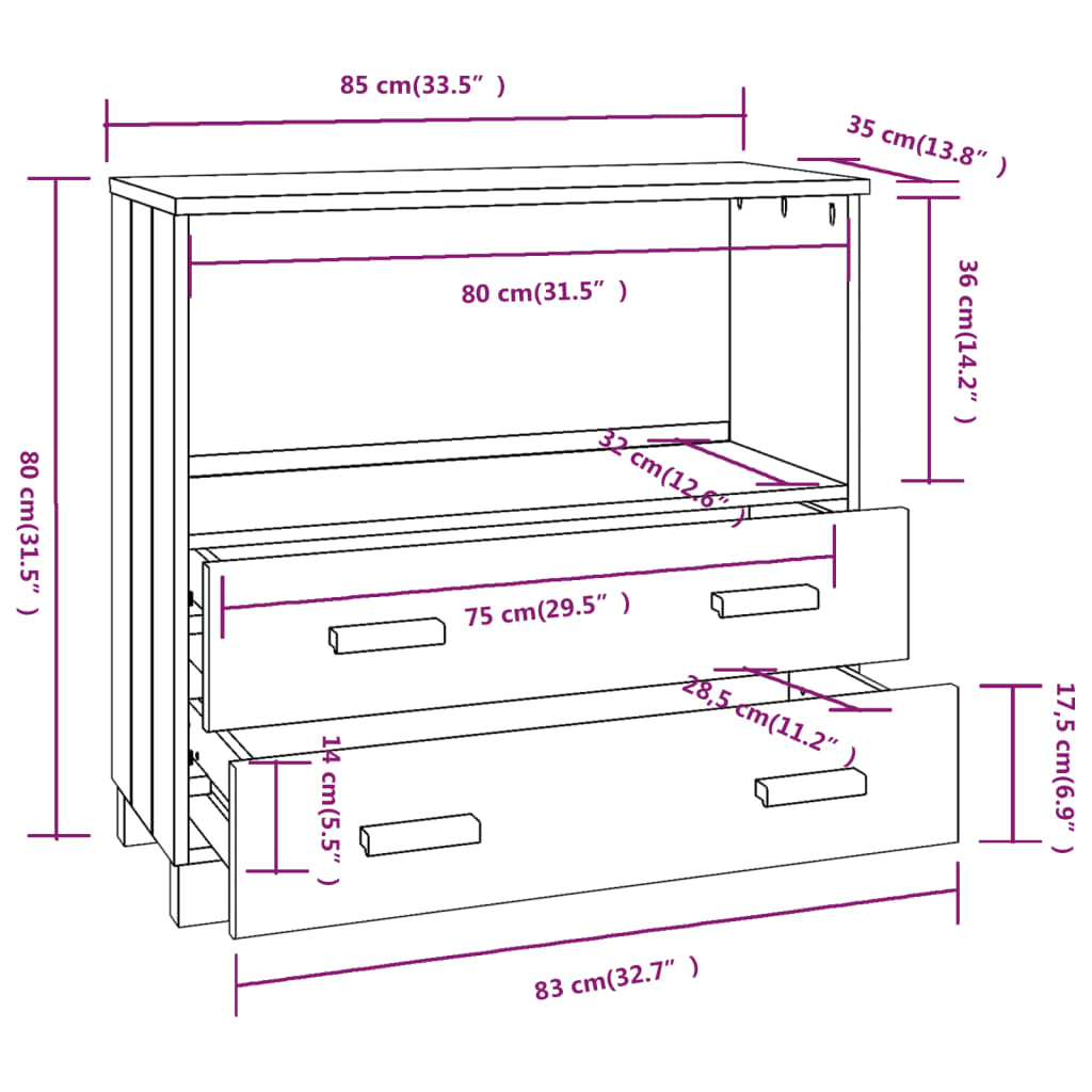 Buffet HAMAR Blanc 85x35x80 cm Bois Massif Pin