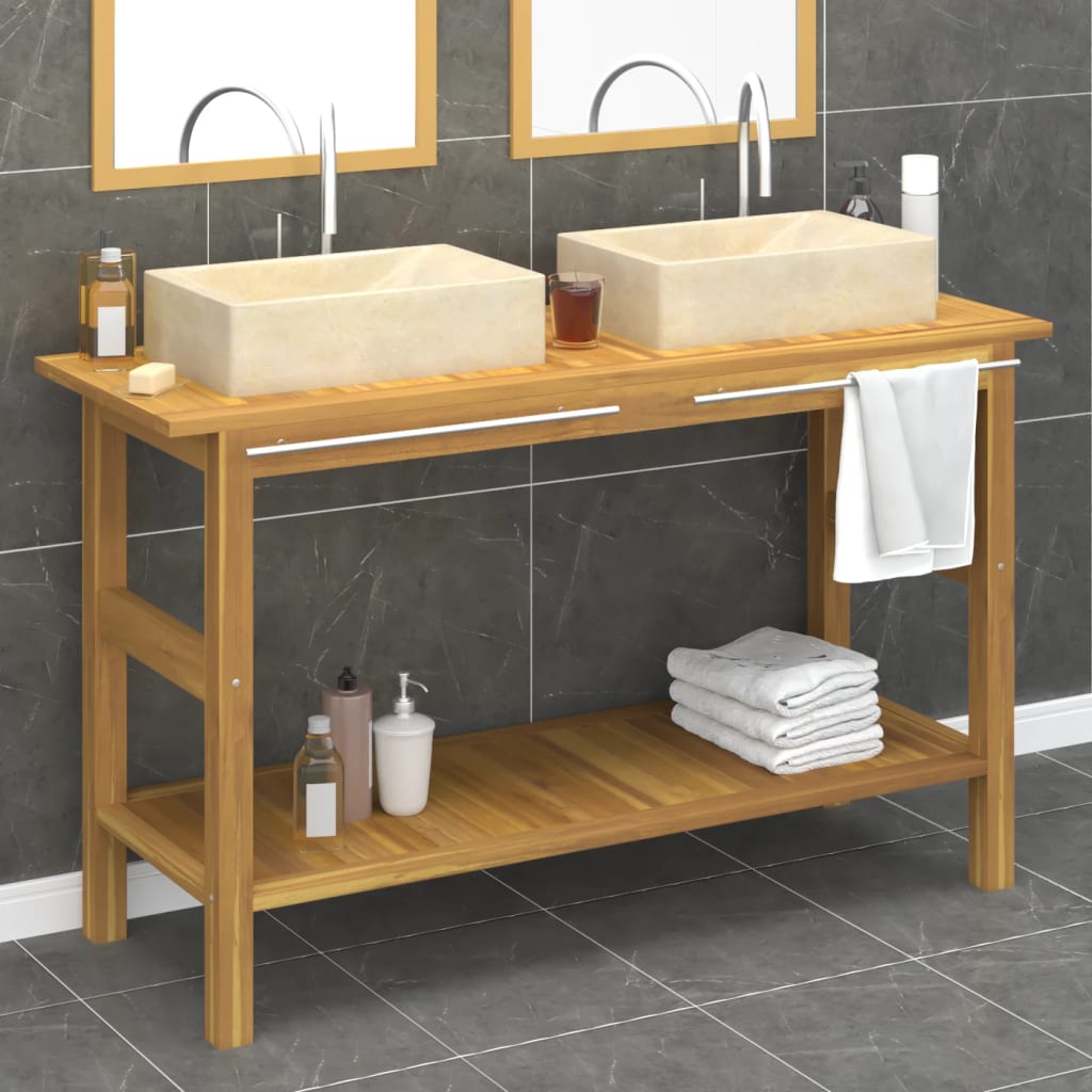 Bathroom Vanity Cabinet with Cream Marble Sinks Solid Wood Teak