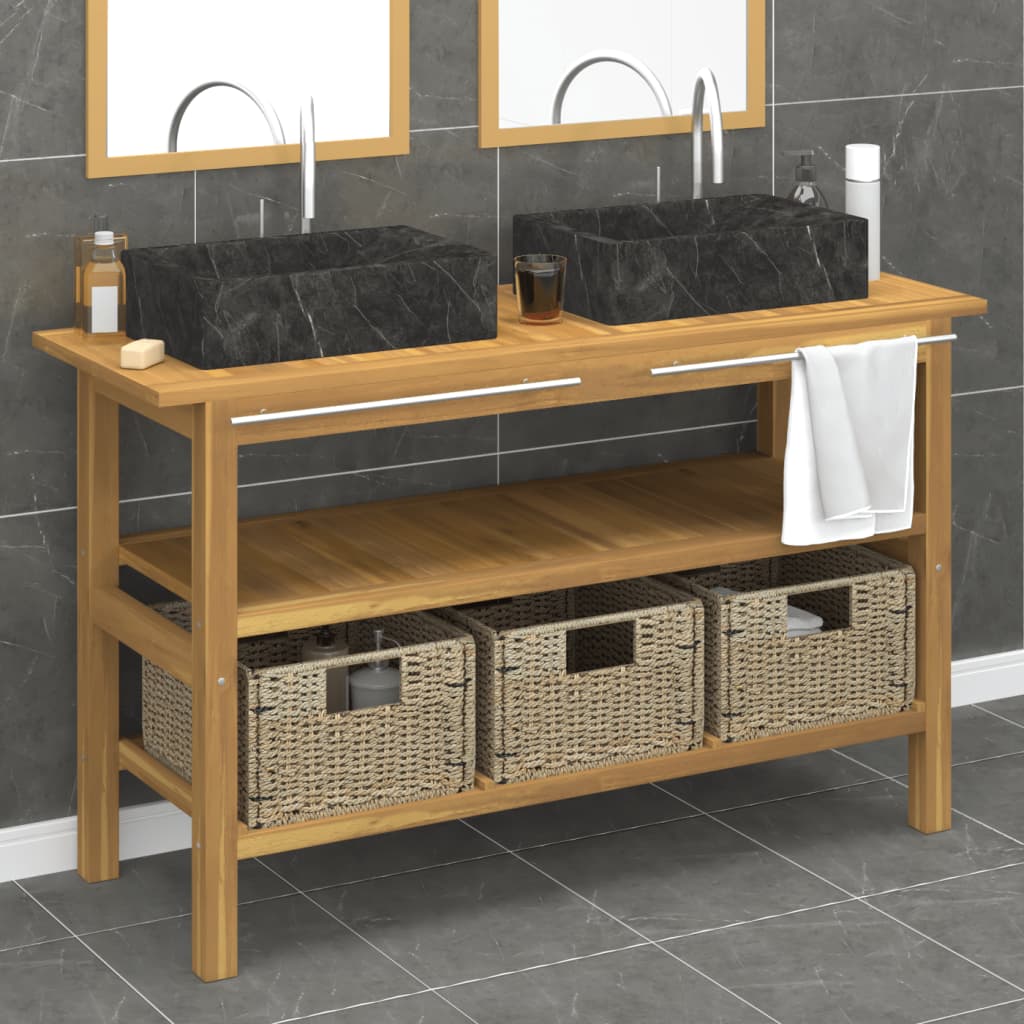 vidaXL Bathroom Vanity Cabinet with Black Marble Sinks Solid Wood Teak