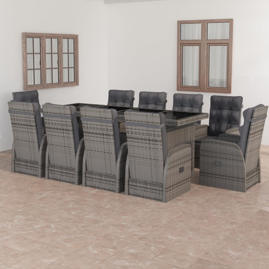 11 Piece Garden Dining Set with Cushions Grey Poly Rattan
