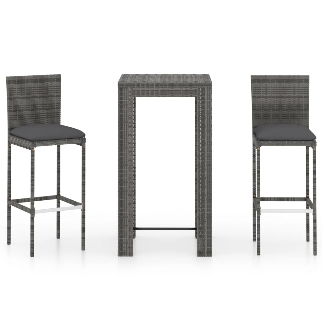 vidaXL 3 Piece Garden Bar Set with Cushions Poly Rattan Grey