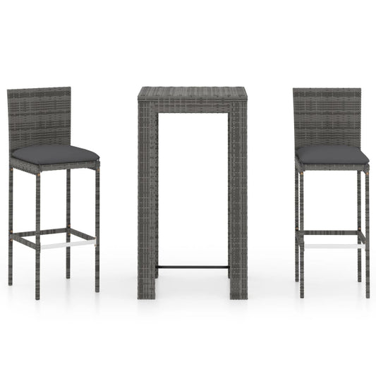 vidaXL 3 Piece Garden Bar Set with Cushions Poly Rattan Grey