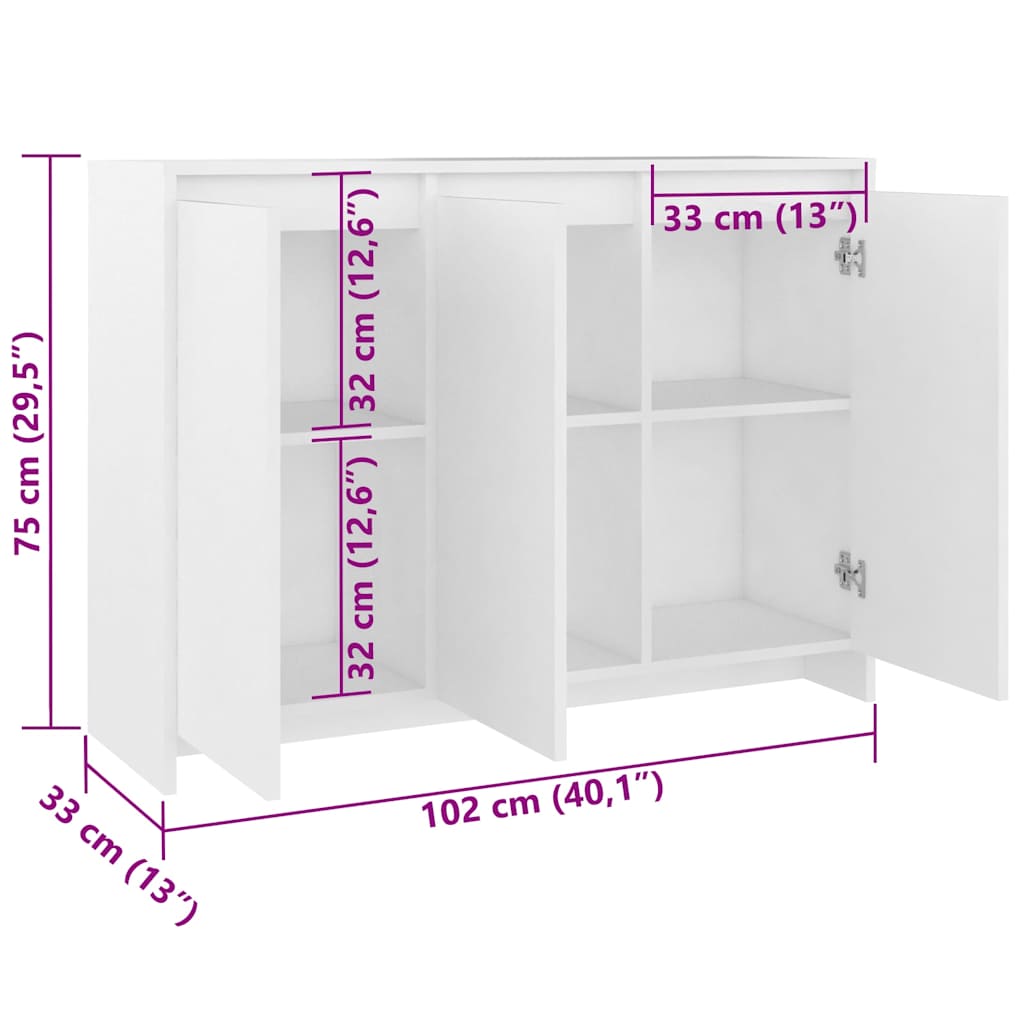 809773 vidaXL Sideboard White 102x33x75 cm Engineered Wood