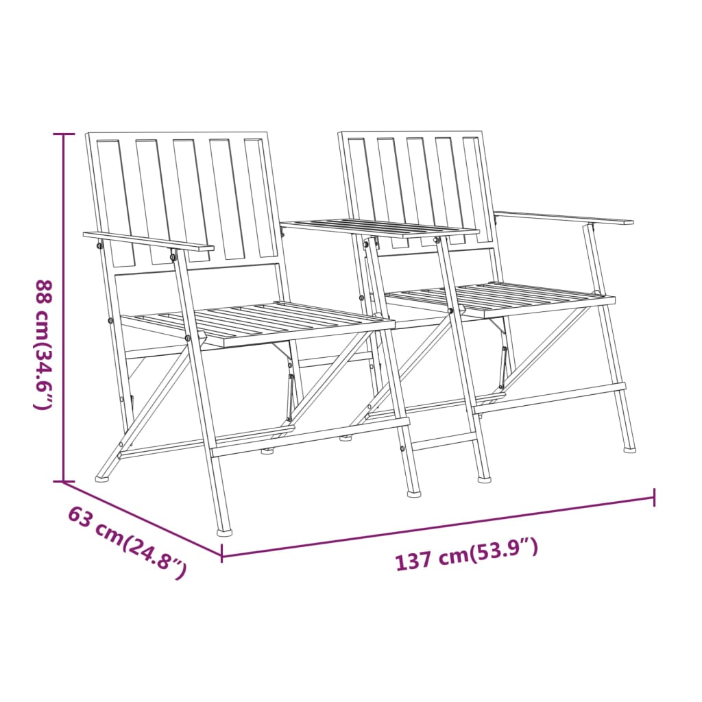 vidaXL Folding 2-Seater Garden Bench 137 cm Black Steel