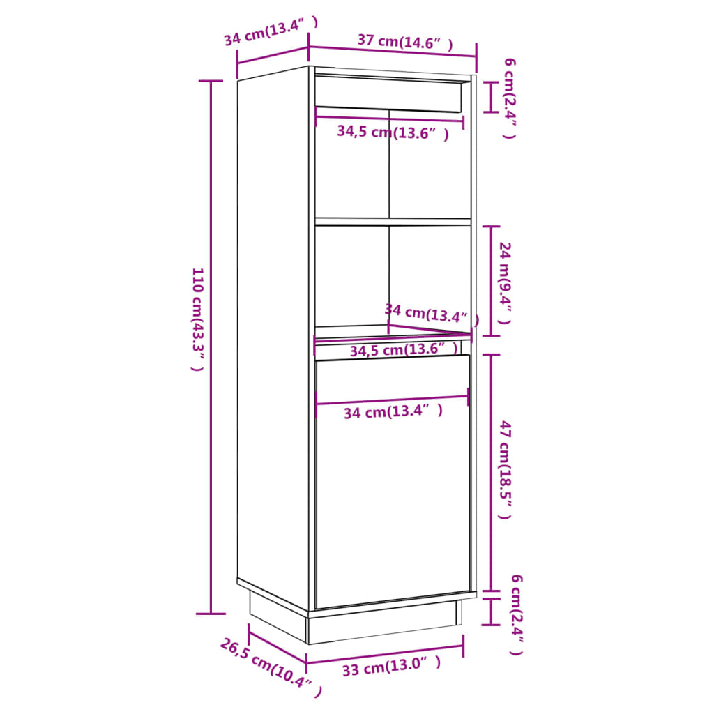 Highboard wit 37x34x110 cm massief grenenhout