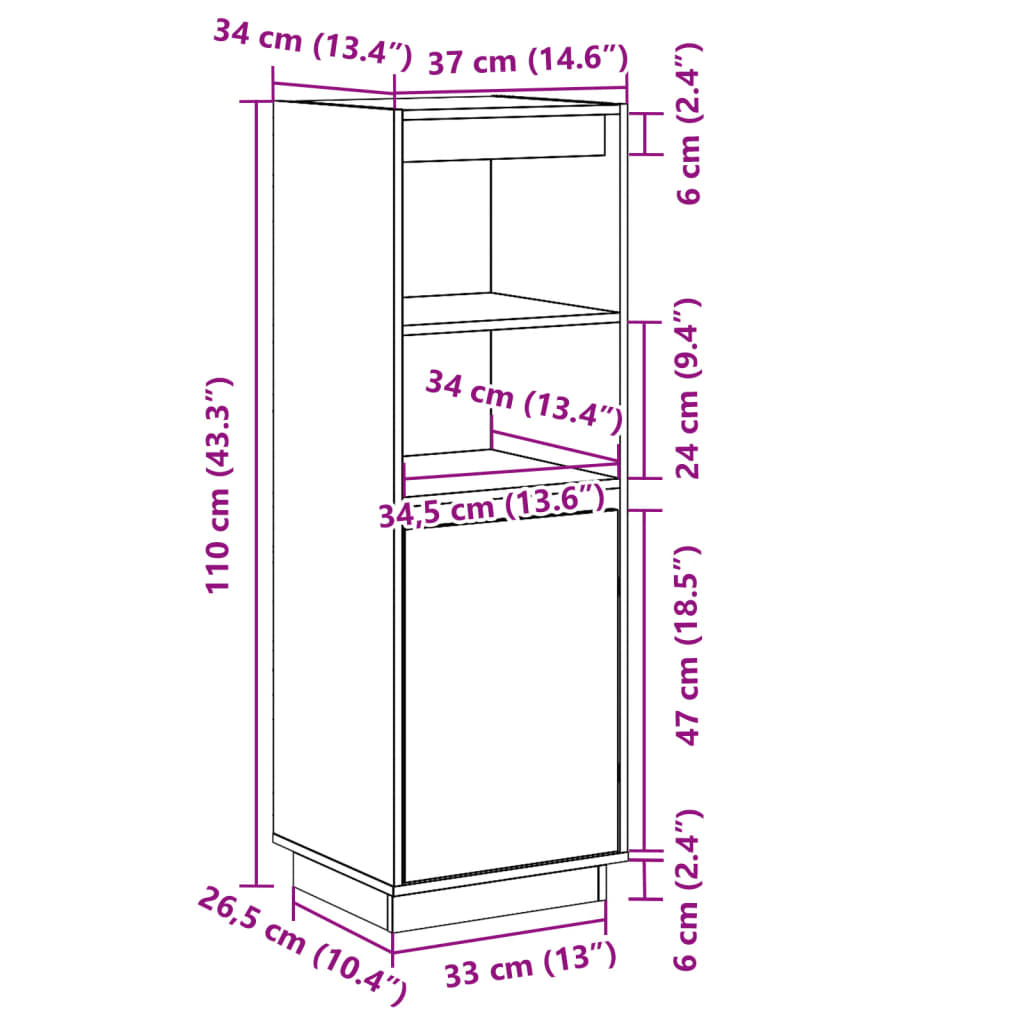 Highboard wit 37x34x110 cm massief grenenhout