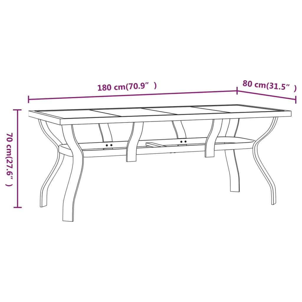 vidaXL Garden Table Black 180x80x70 cm Steel and Glass