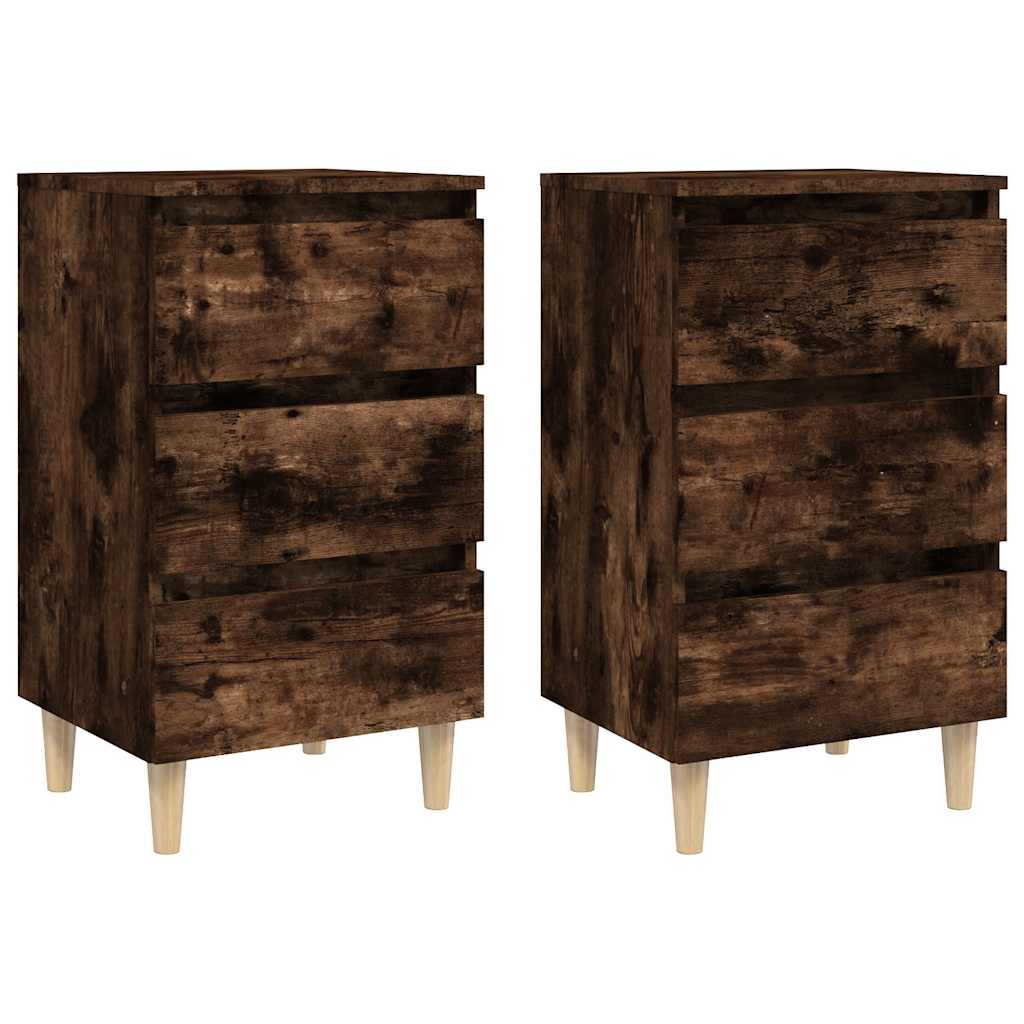 813135 vidaXL Bed Cabinets with Solid Wood Legs 2 pcs Smoked Oak 40x35x69 cm