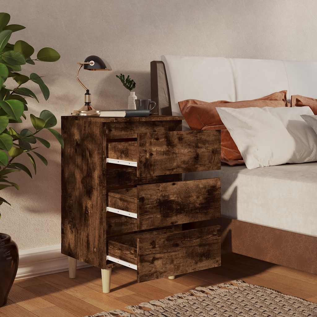 813135 vidaXL Bed Cabinets with Solid Wood Legs 2 pcs Smoked Oak 40x35x69 cm