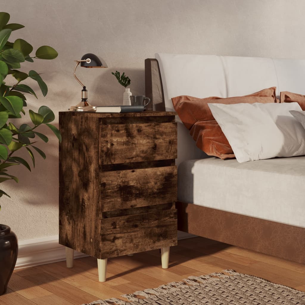 813135 vidaXL Bed Cabinets with Solid Wood Legs 2 pcs Smoked Oak 40x35x69 cm