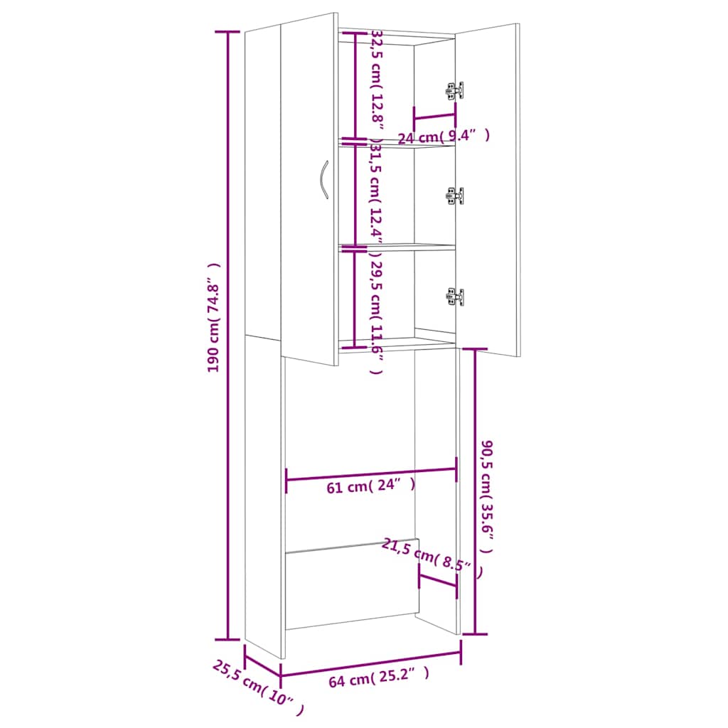 Washing Machine Cabinet Grey sonoma 64x25,5x190 cm