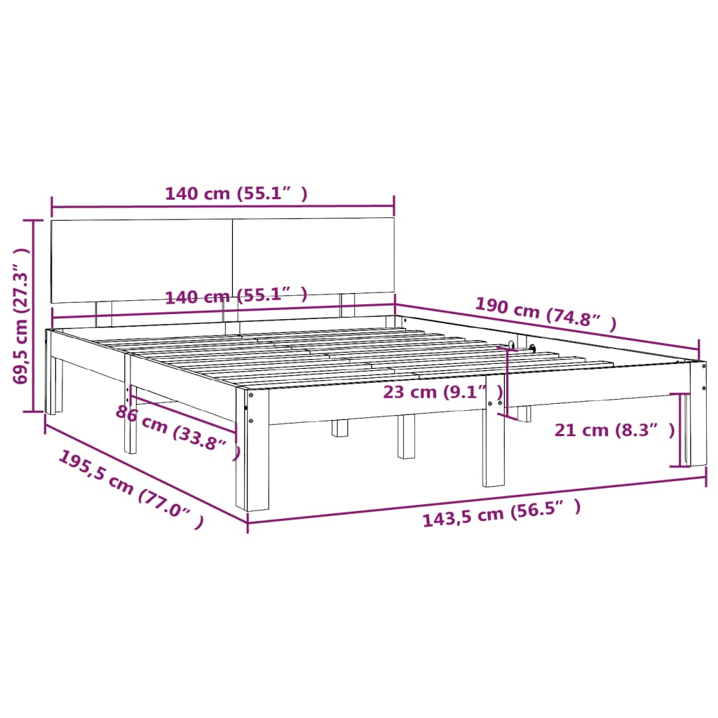 vidaXL Bed Frame without Mattress White Solid Wood Pine 140x190cm