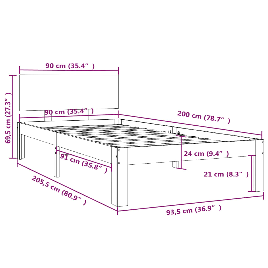 vidaXL Bed Frame without Mattress Grey Solid Wood Pine 90x200cm