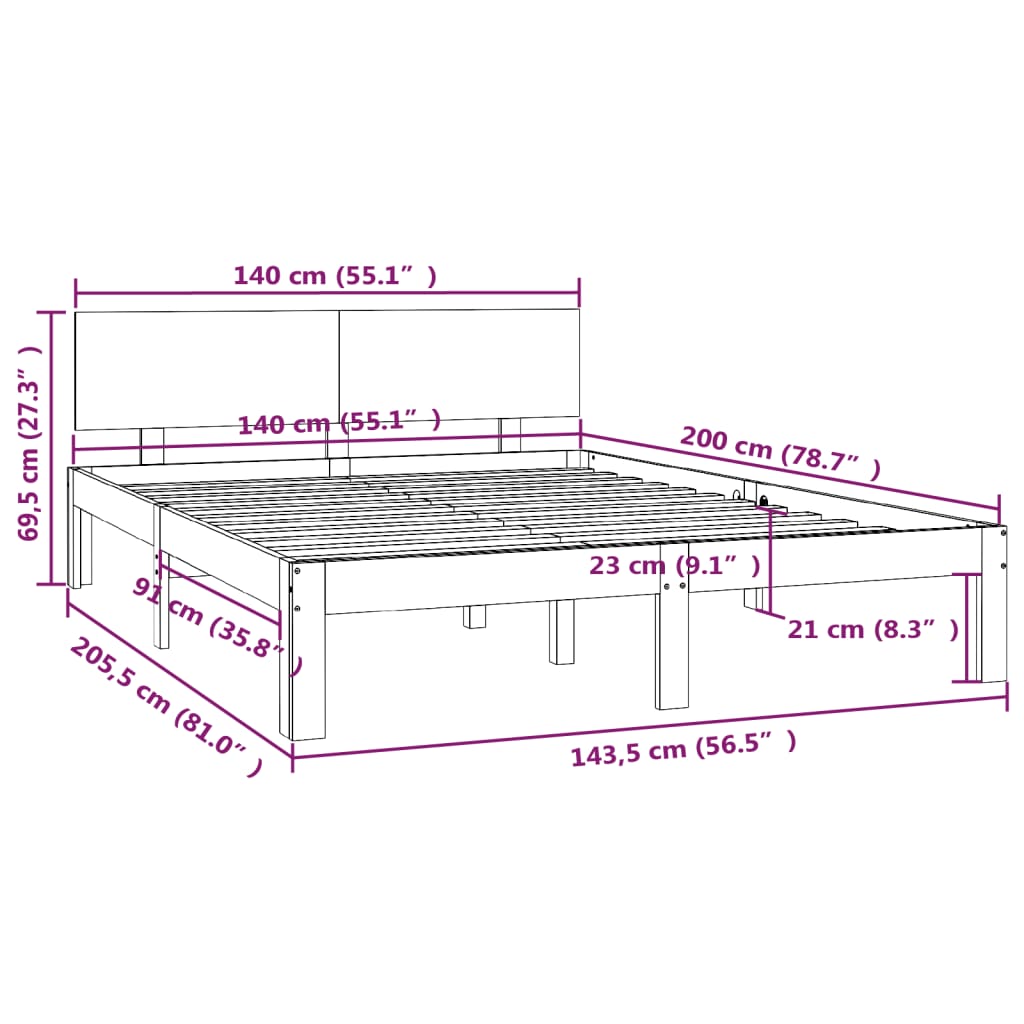 vidaXL Bed Frame without Mattress Grey Solid Wood Pine 140x200cm