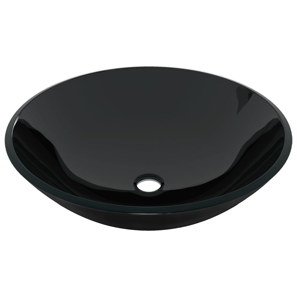 vidaXL Bathroom Sink with Tap and Push Drain Black Tempered Glass