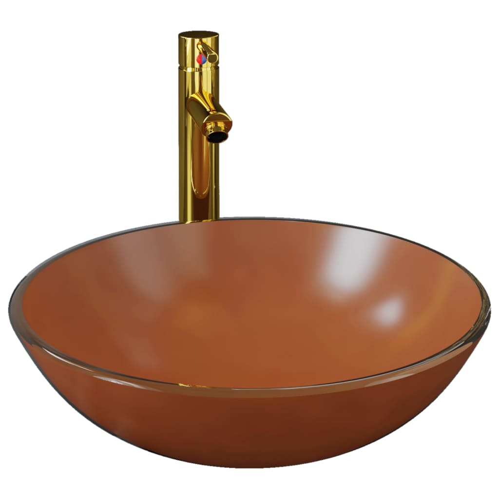 vidaXL Bathroom Sink with Tap and Push Drain Brown Tempered Glass