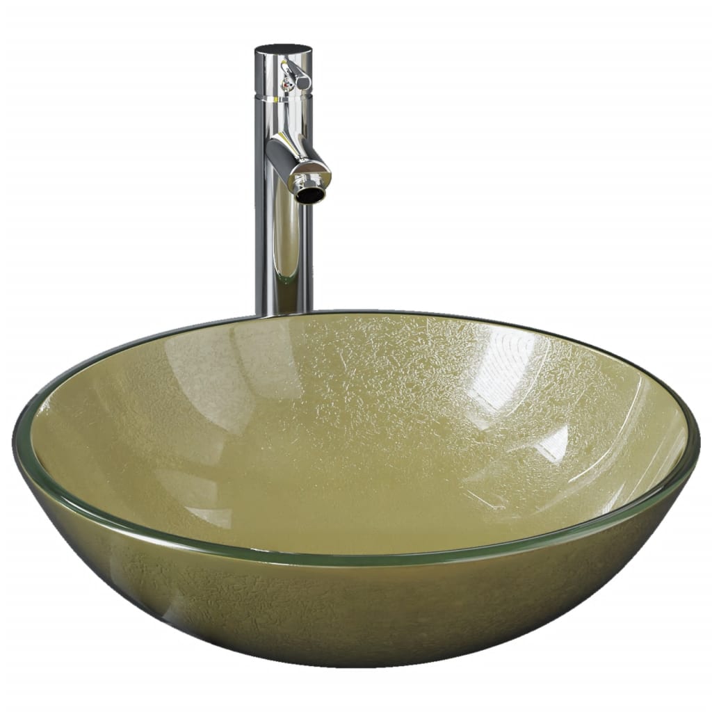 vidaXL Bathroom Sink with Tap and Push Drain Gold Tempered Glass