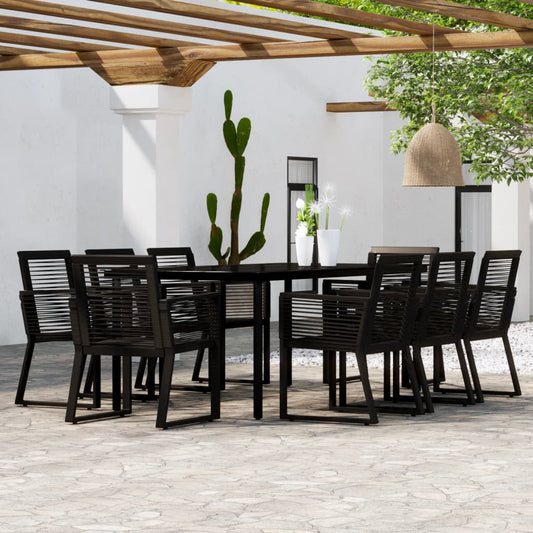 Dining Set | Black | Powder-coated steel, glass, PVC rattan | Large