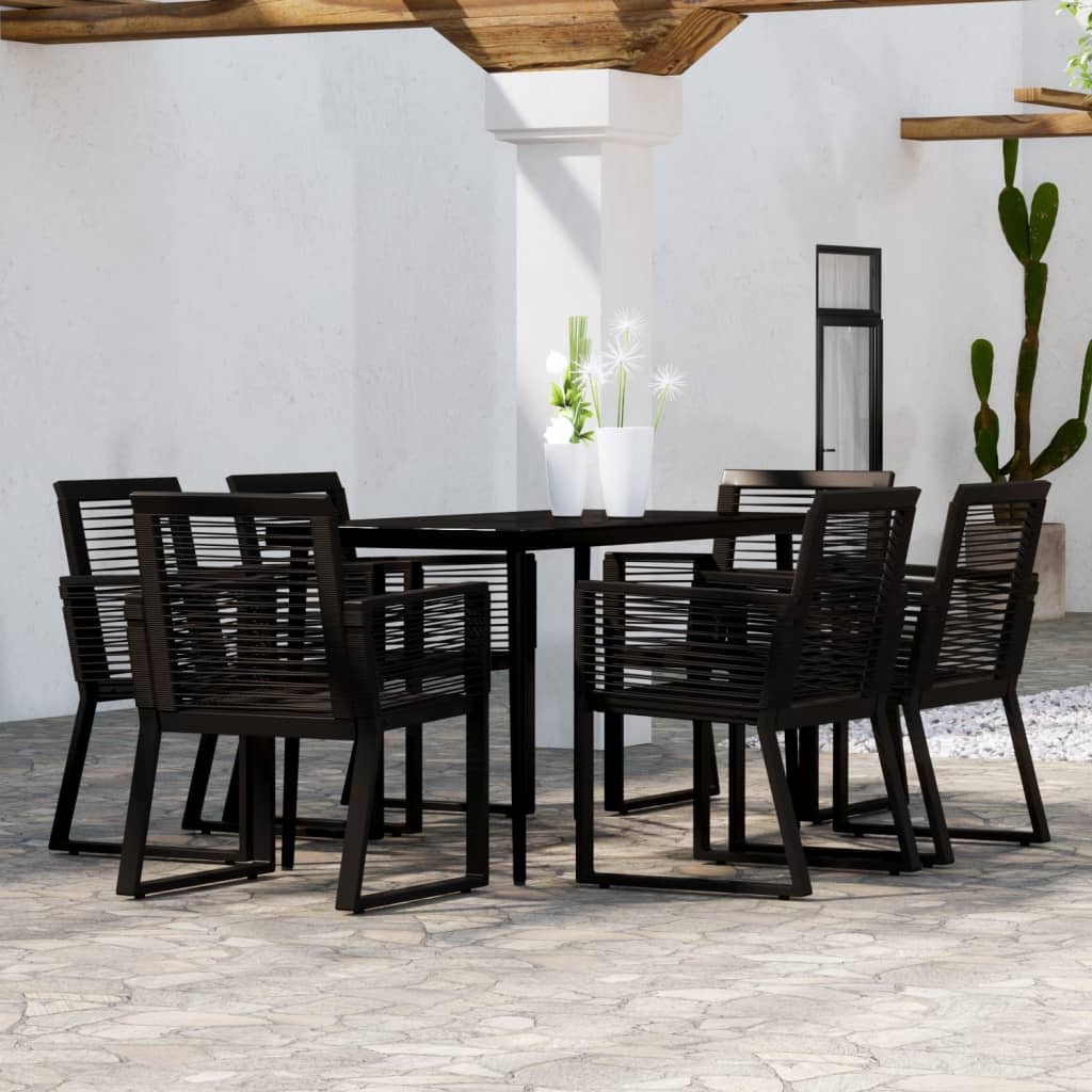Dining Set | Black | Powder-coated steel, glass, PVC rattan | 7 Piece