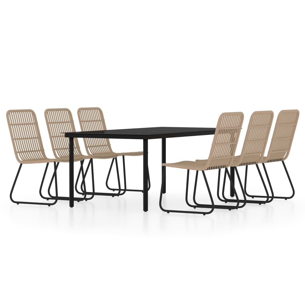 Dining Set | Oak, Black | Powder-coated steel, PE rattan, glass | Large