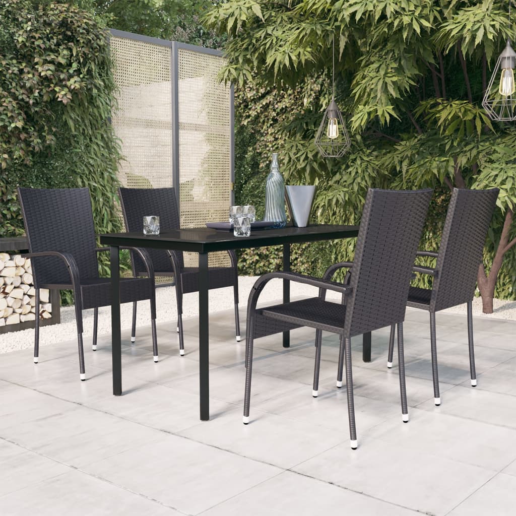 Garden Dining Set | Black | PE rattan, powder-coated steel, glass