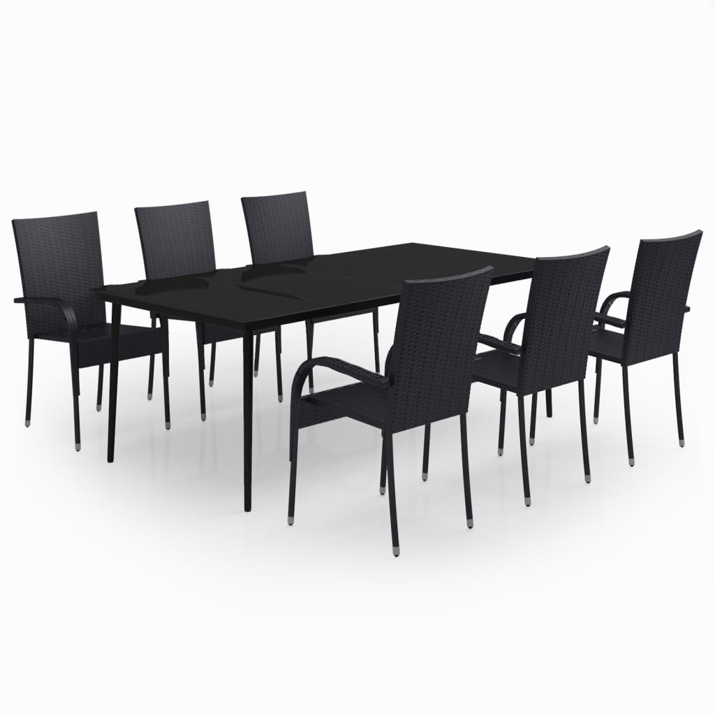 Garden Dining Set | Black | PE rattan, powder-coated steel, glass | Large