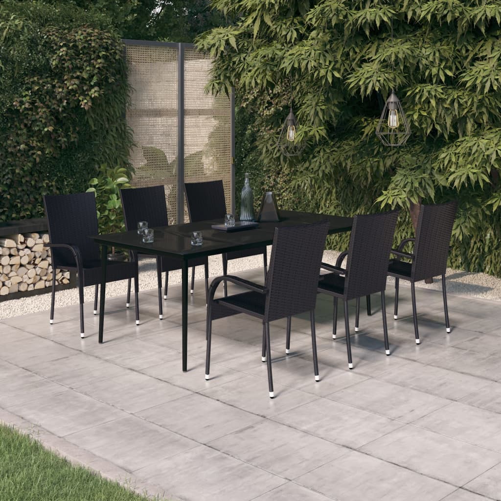 Garden Dining Set | Black | PE rattan, powder-coated steel, glass | Large