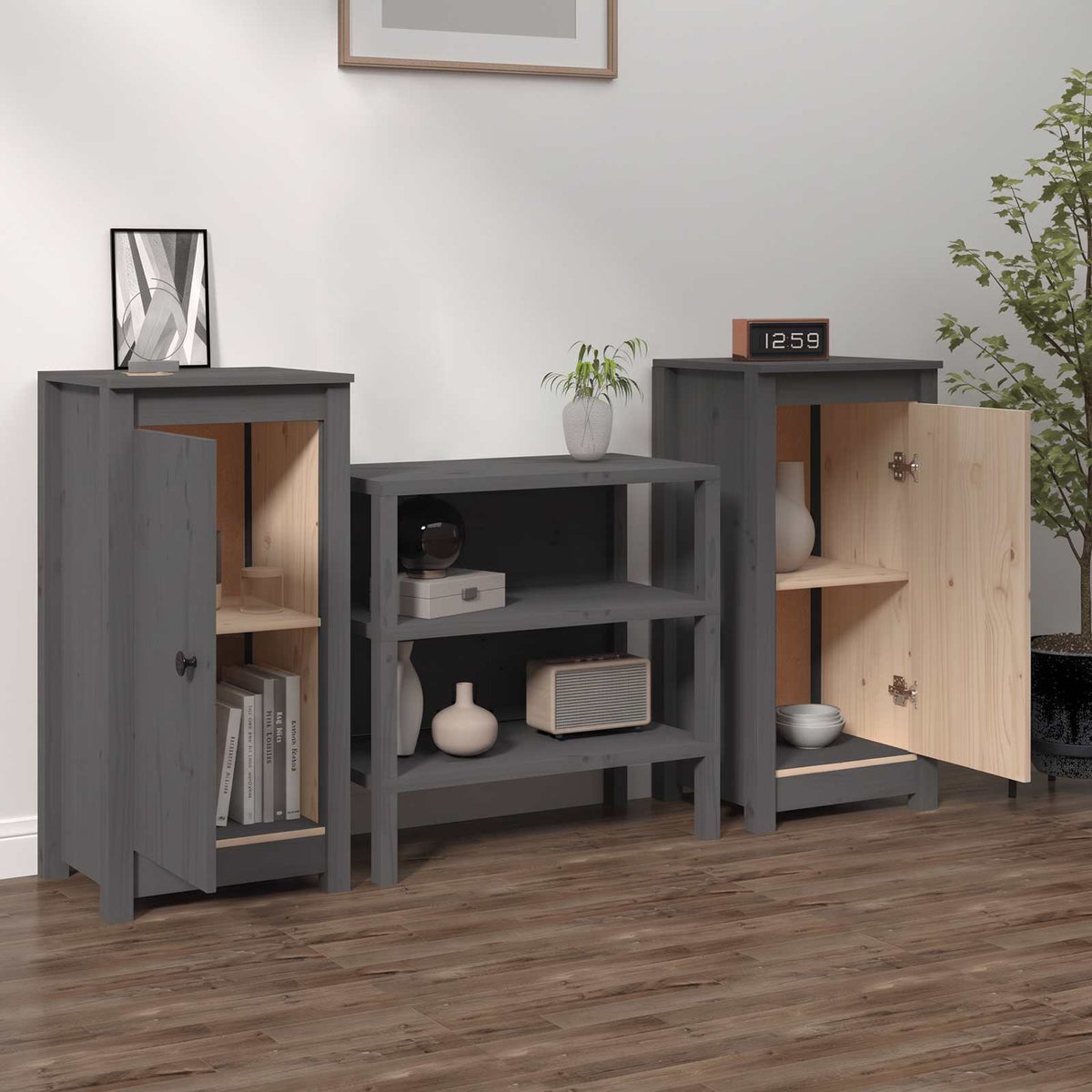 Sideboards 2 pcs Grey 39x35x80 cm Solid Wood Pine