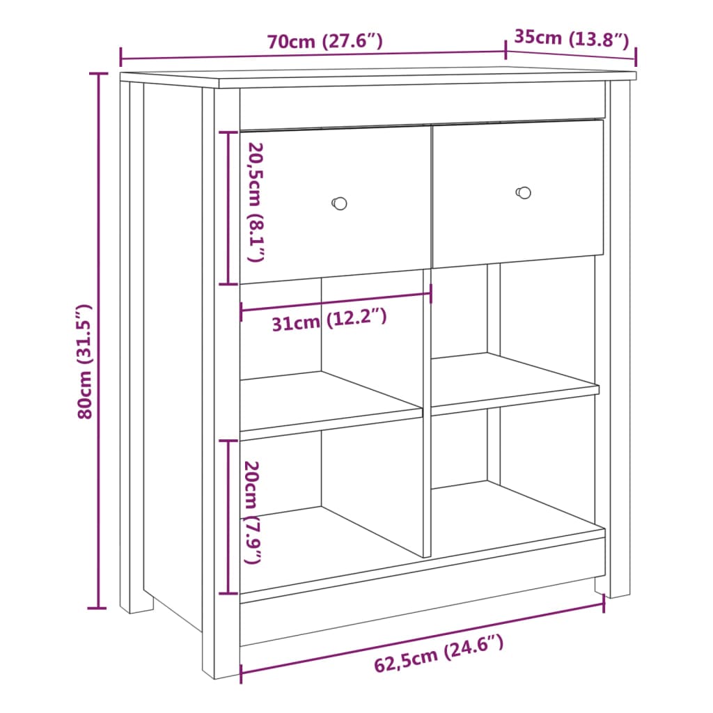 vidaXL Sideboard White 70x35x80 cm Solid Wood Pine