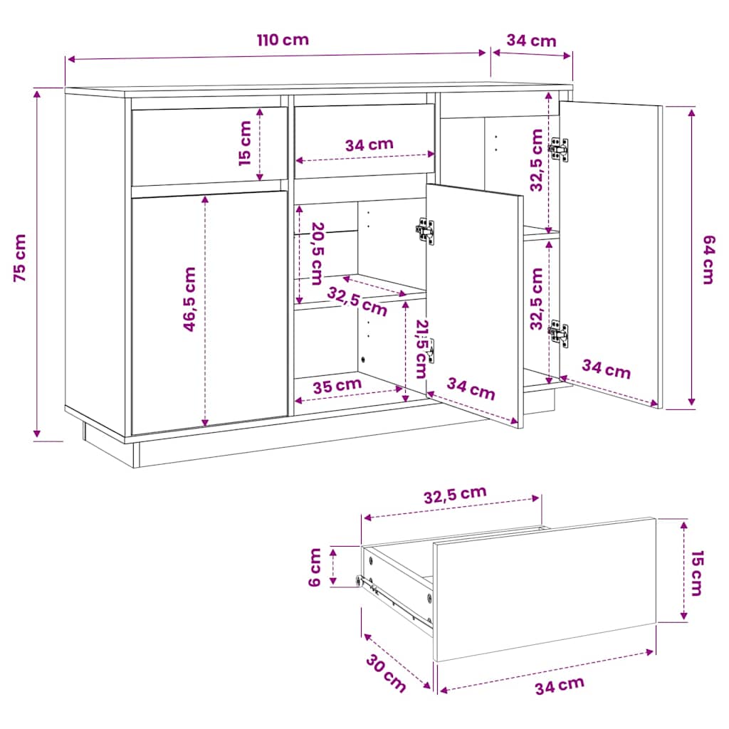 Sideboard White 110x34x75 cm Solid Wood Pine